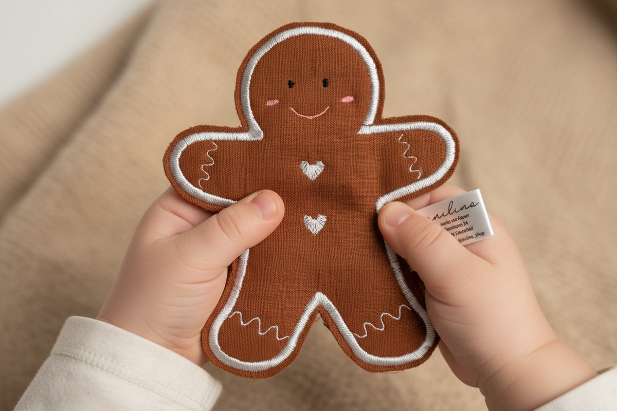 Knisterspielzeug Lebkuchenmann in Babyhänden – Weihnachtsgeschenk fürs Baby von anilino