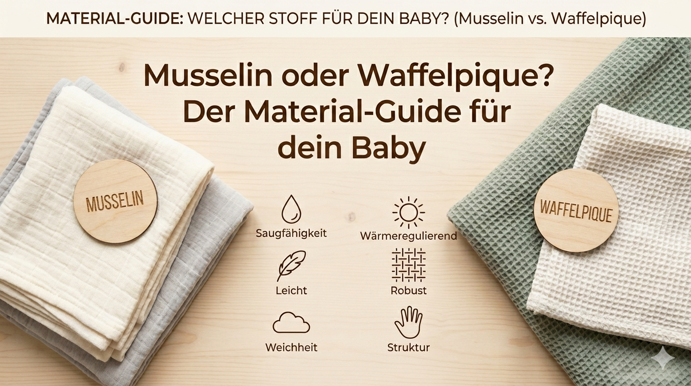 Ein Beitragsbild, das Musselin und Waffelpique-Stoffe für Babys vergleicht.