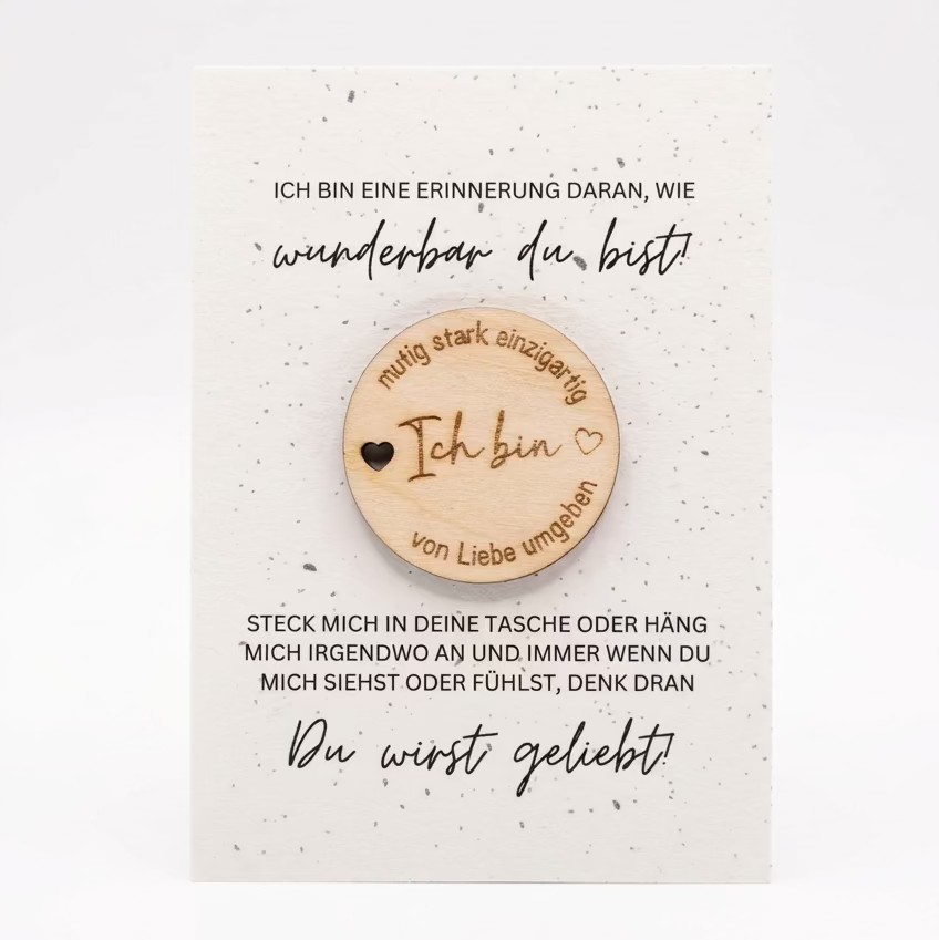 Taschenaffirmation rund aus Birkenholz, Durchmesser 3,5 cm, kleiner Mutmacher für die Tasche