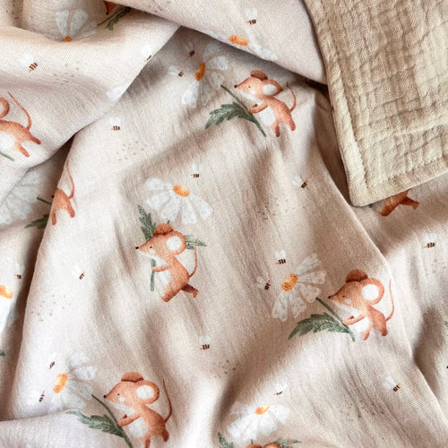 Personalisierte Babydecke mit Namen – Mäuschen | Musselin, wählbare Rückseite: Musselin, Waffelpiqué oder Teddyfell
