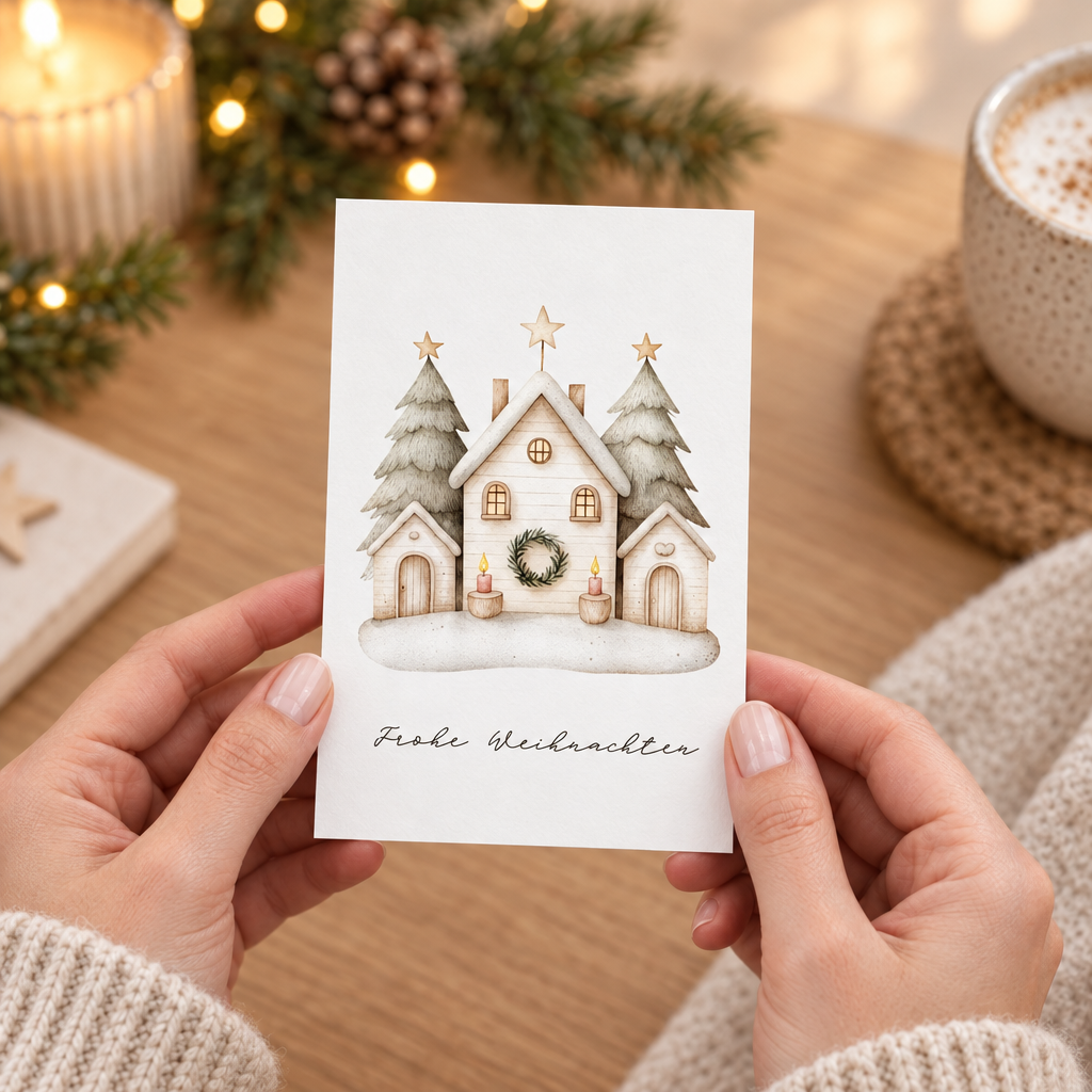 A6-Karte „Weihnachtshaus“ in der Hand – Größe der Weihnachtskarte