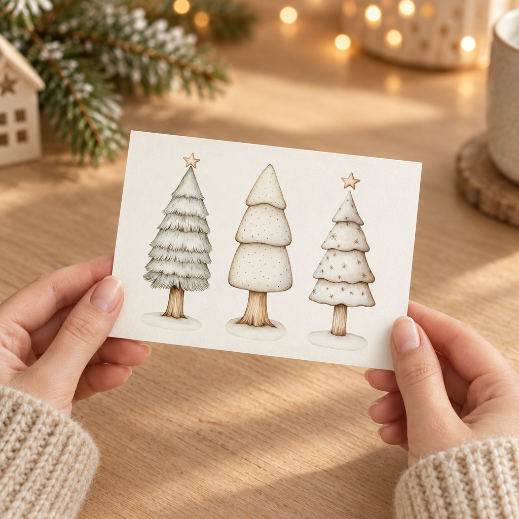 A6-Karte „Tannenbäume“ in der Hand – Größe der Weihnachtskarte