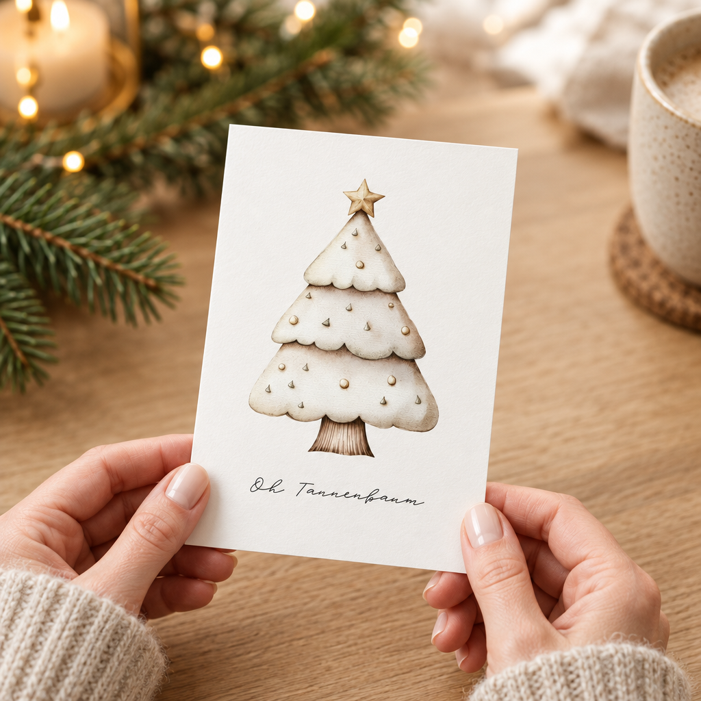 A6-Karte „Oh Tannenbaum“ in der Hand – Größe der Weihnachtskarte