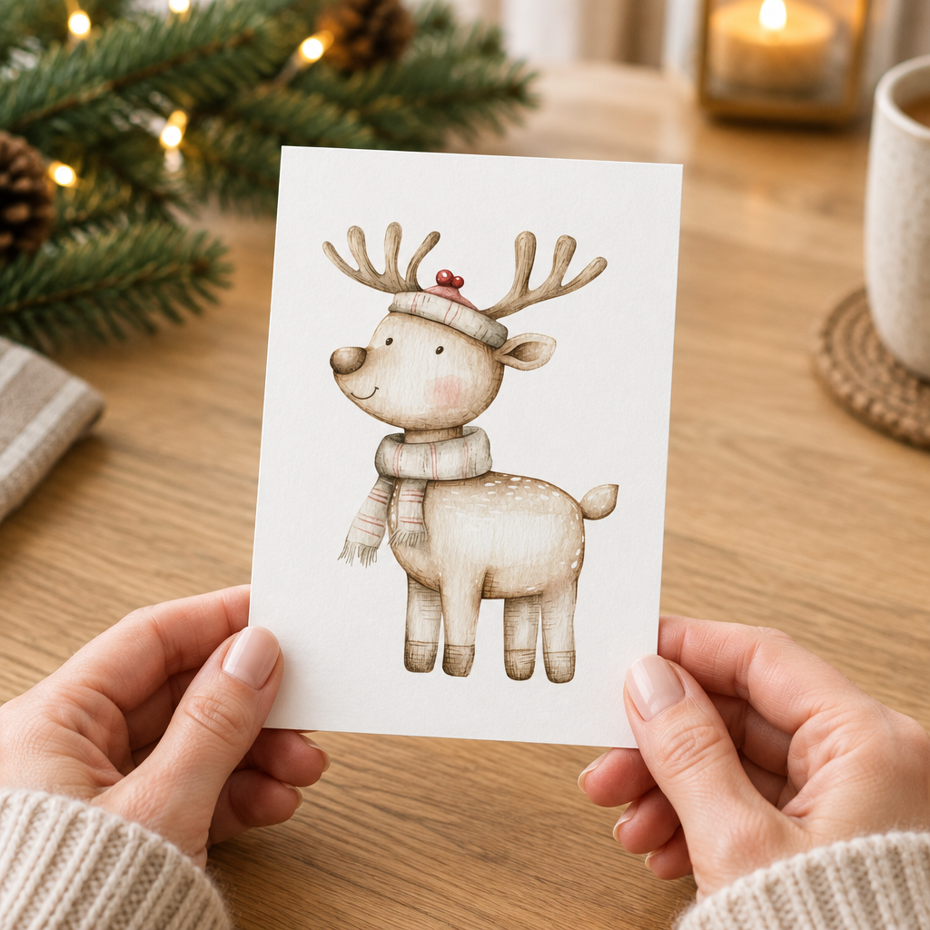 A6-Karte „Rentier“ in der Hand – Größe der Weihnachtskarte