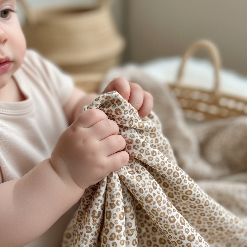 Baby holding leopard musselin