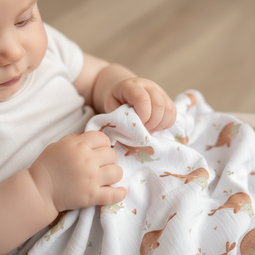 Baby holding whale musselin