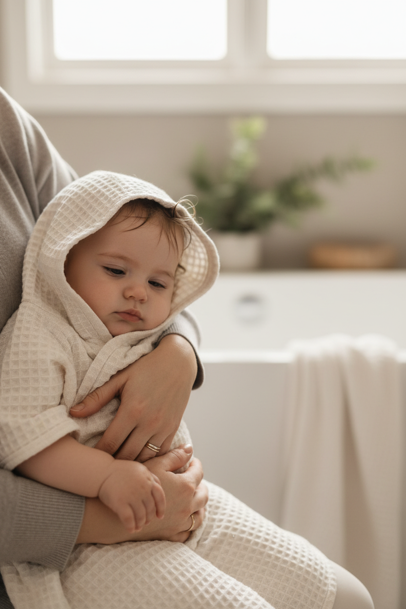 Baby mit Waffelpiqué-Poncho ecru