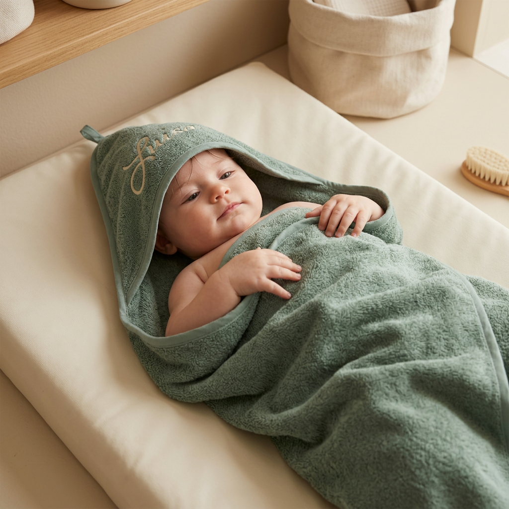 Baby nach dem Baden im Luisa-Kapuzenhandtuch