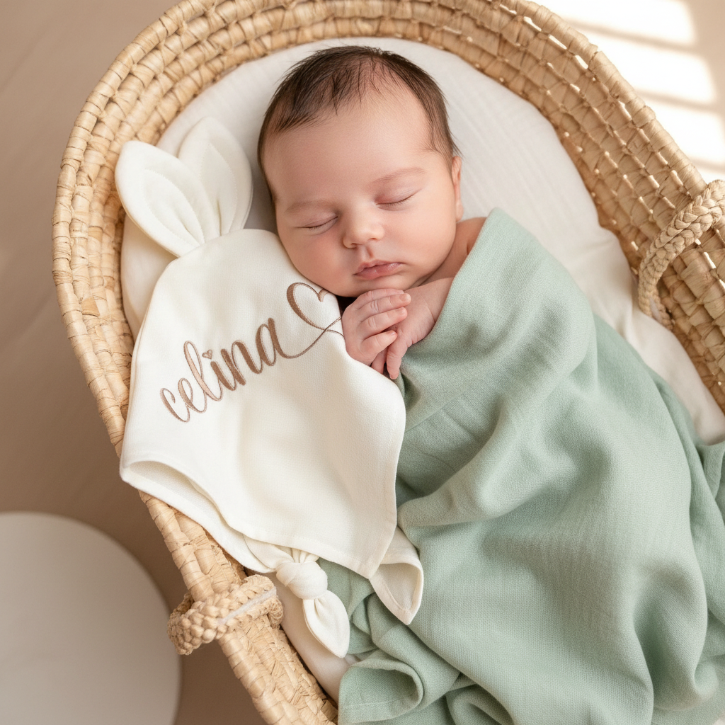 Baby with pastel green muslin blanket and Celinae bunny comforter