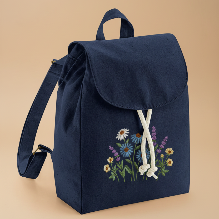 Blauer Rucksack mit derselben Wildblumen-Stickerei wie beim gelben Modell