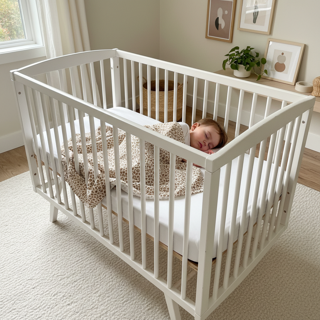 Child in crib with square leopard blanket