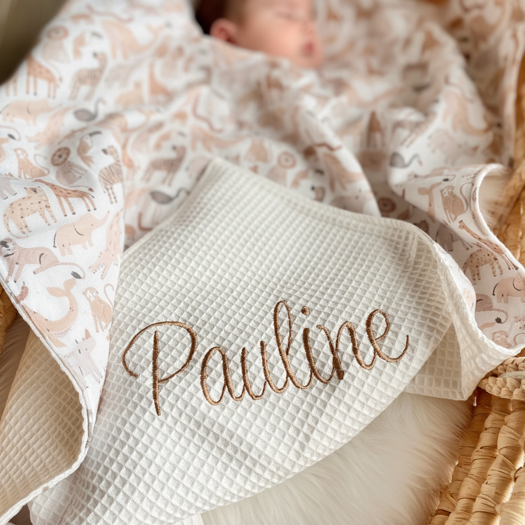 Close-up lifestyle image focusing on blanket and embroidery details