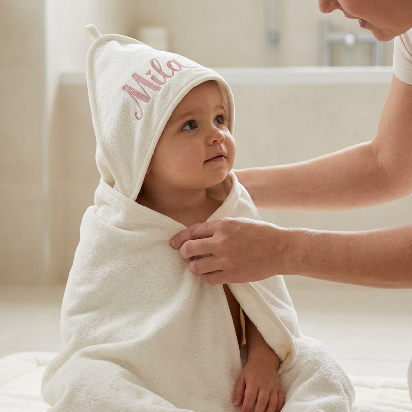 Einjähriges Kind nach dem Baden mit Ivory-Kapuzenhandtuch und Mila-Stickerei