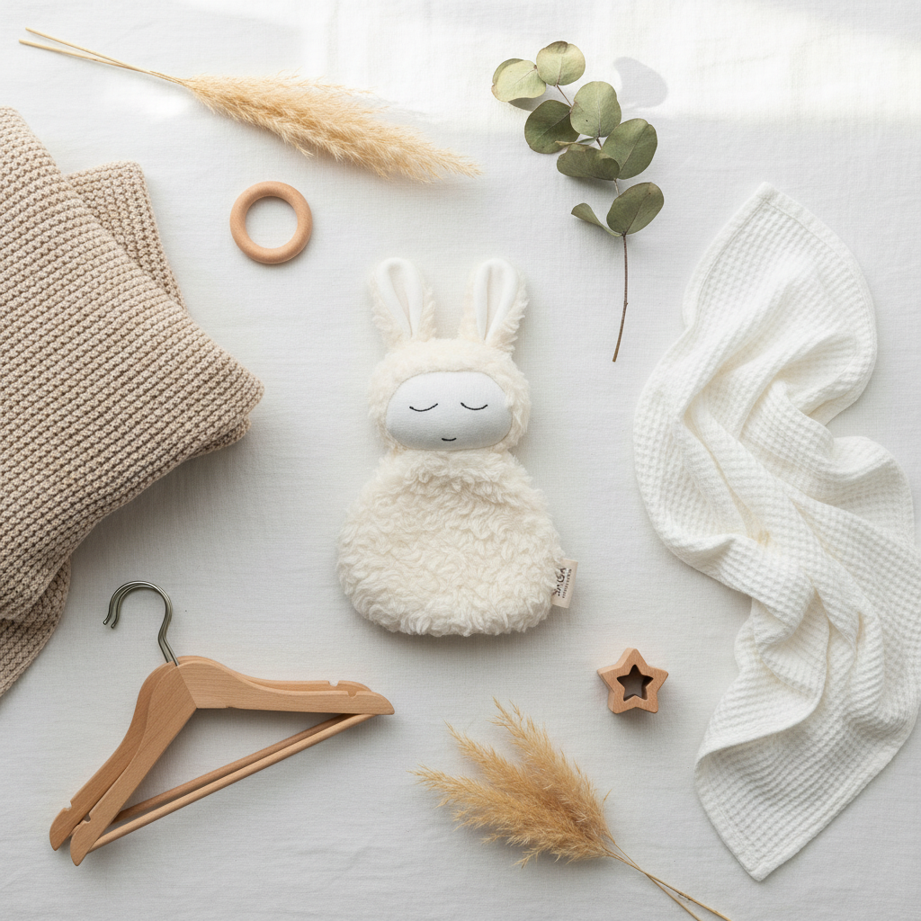 Kuscheltier Lara aus Bio-Baumwolle – Flatlay mit Nursery-Styling