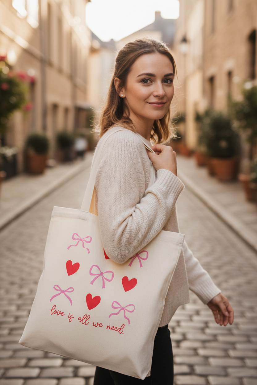 Frau trägt romantischen Stoffbeutel Love is all we need in beigem Pullover auf Kopfsteinpflaster