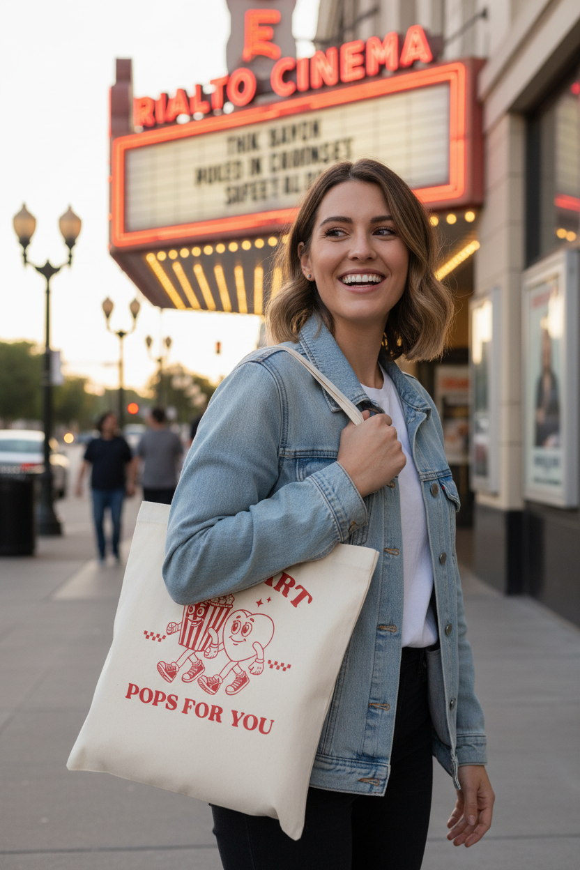 Frau trägt Stoffbeutel My heart pops for you in Jeansjacke vor Vintage Kino