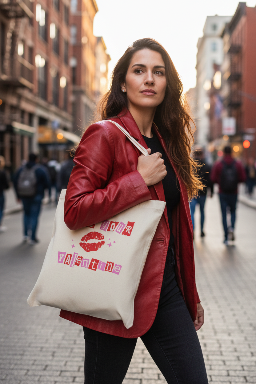 Selbstbewusste Frau trägt Stoffbeutel Not your valentine in roter Lederjacke auf Stadtstraße