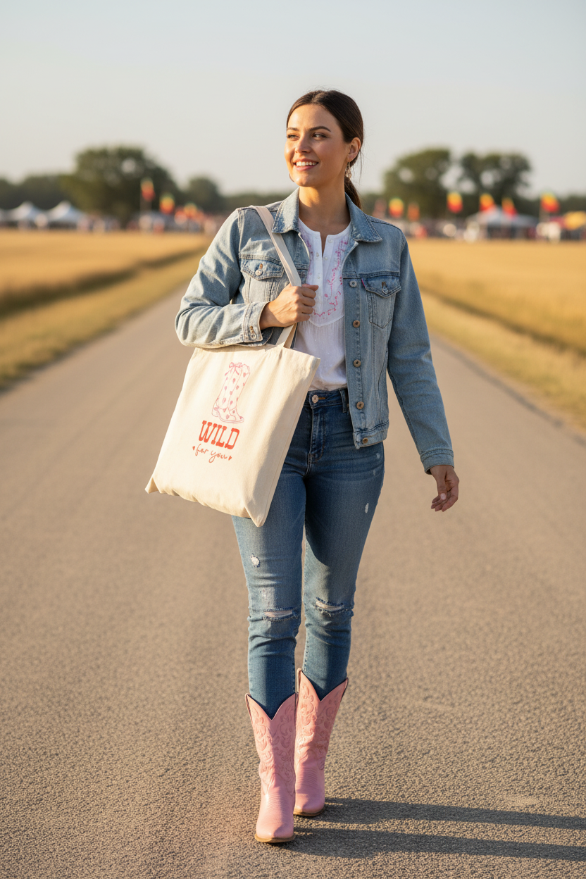 Frau trägt Country Stoffbeutel Wild for you in Jeans und Western-Shirt auf Landstraße