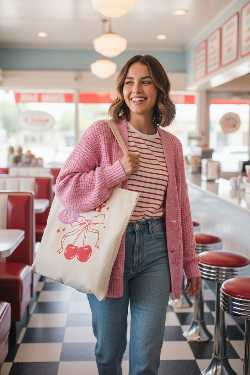 Frau trägt süßen Stoffbeutel You are my cherry on top in Retro-Outfit in Eisdiele