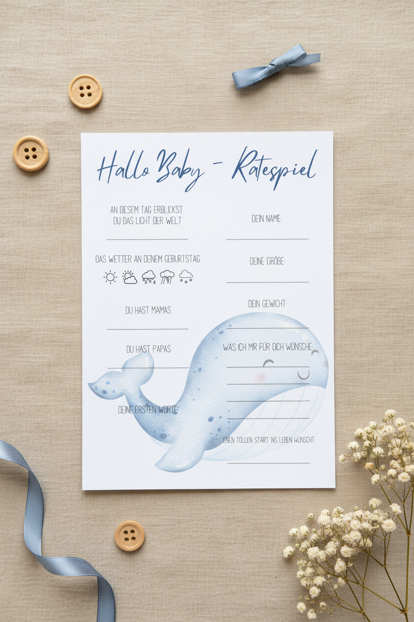 Hallo Baby Ratespiel – Flat Lay beige