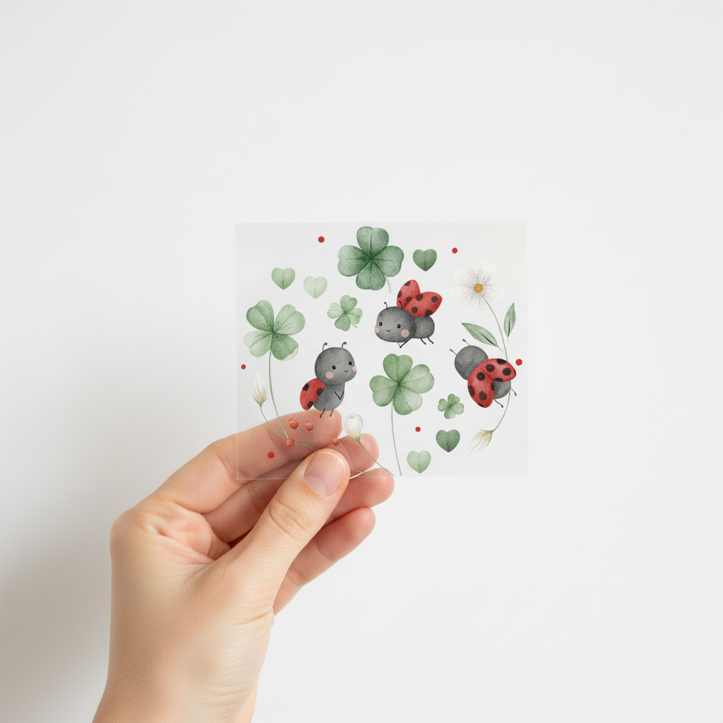 Hand hält Marienkäfer-Bügelbild - exakt nach Vorlage