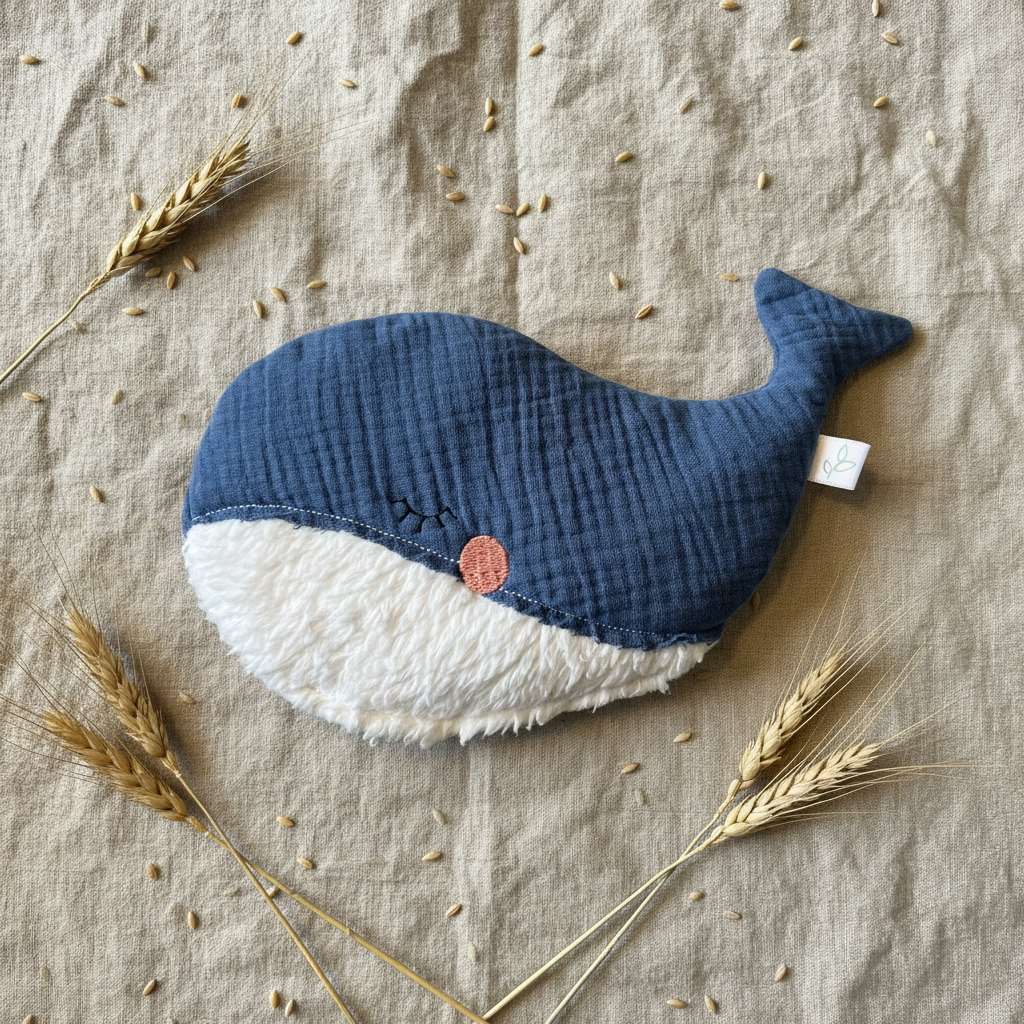Wärmekissen Wal Indigo Flatlay mit Bio-Dinkelähren, handgefertigt in Deutschland
