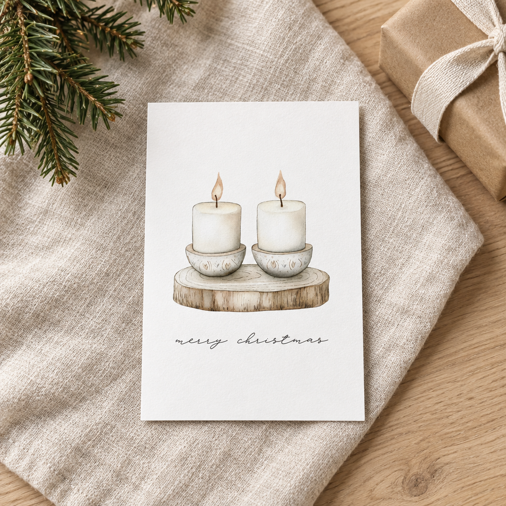 Weihnachtskarte „Kerzen“ im weihnachtlichen Flatlay – A6-Karte für Weihnachtsgrüße