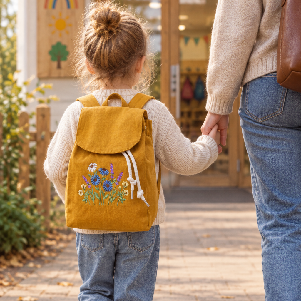 Kind mit Wildblumen-Rucksack an Mamas Hand auf dem Weg zur Kita