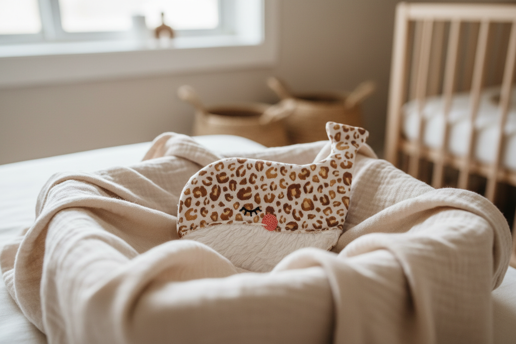 Knisterspielzeug Wal Leomuster auf Musselin-Decke – natürliches Baby Spielzeug