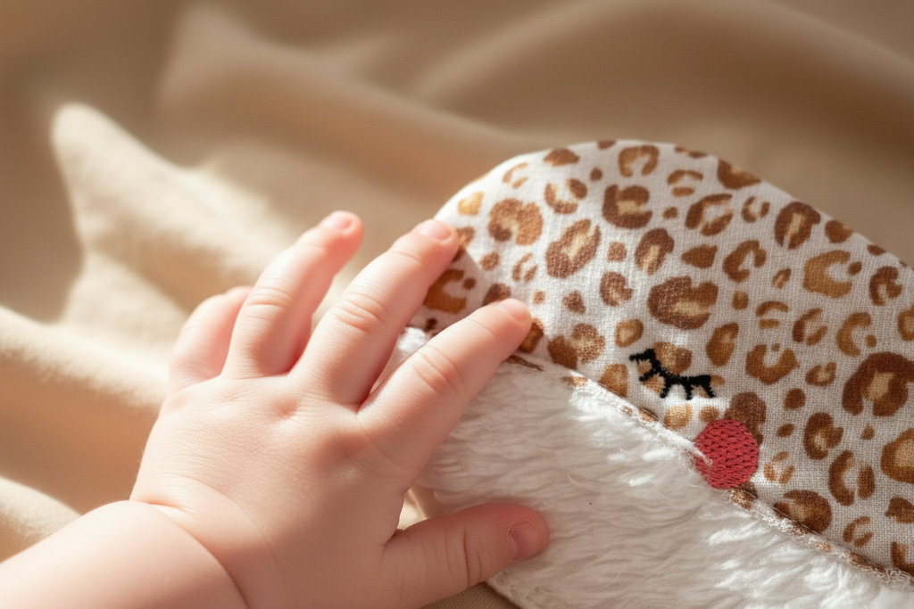 Detailansicht Knisterwal Leomuster mit flauschigem Bauch – handgefertigt in Deutschland