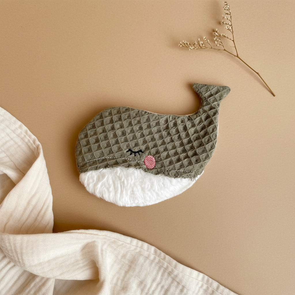 Knisterspielzeug Wal Waffelpique dark mint – handliches Baby Spielzeug 11x17cm