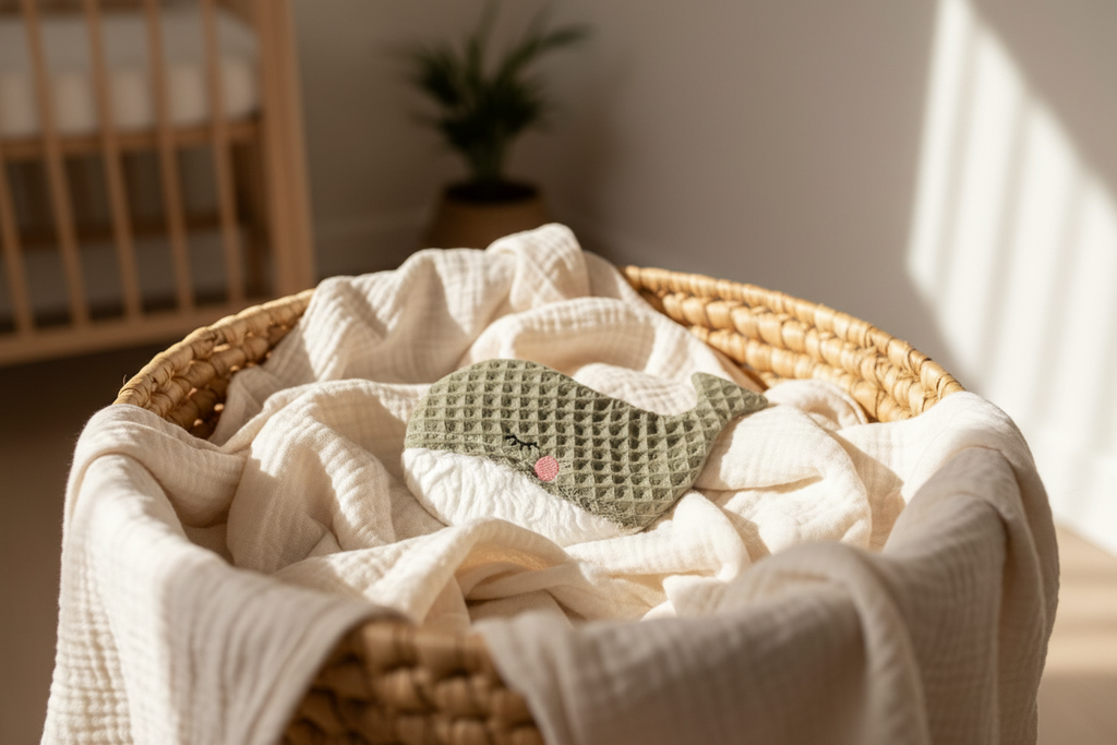 Knisterspielzeug Wal dark mint auf Musselin – natürliches Baby Spielzeug