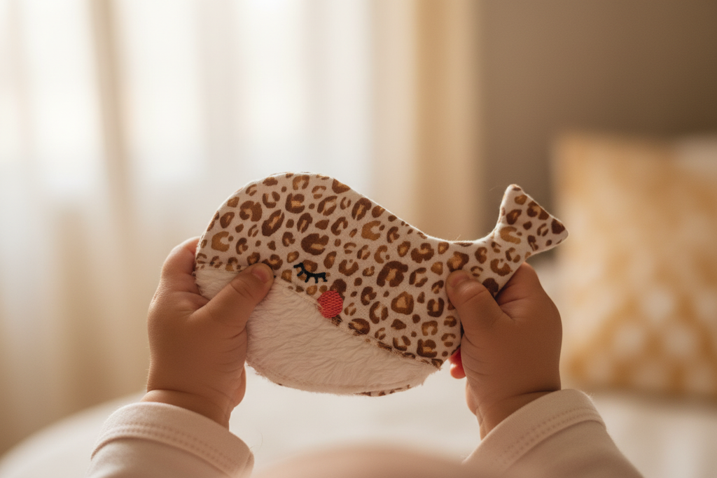 Baby hält Knisterwal mit Leopardenmuster – sensorisches Spielzeug für Babys