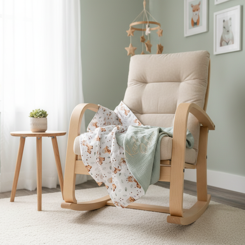 Kuscheldecke Giraffe über Kinderzimmerstuhl – personalisierbare Babydecke aus Baumwolle