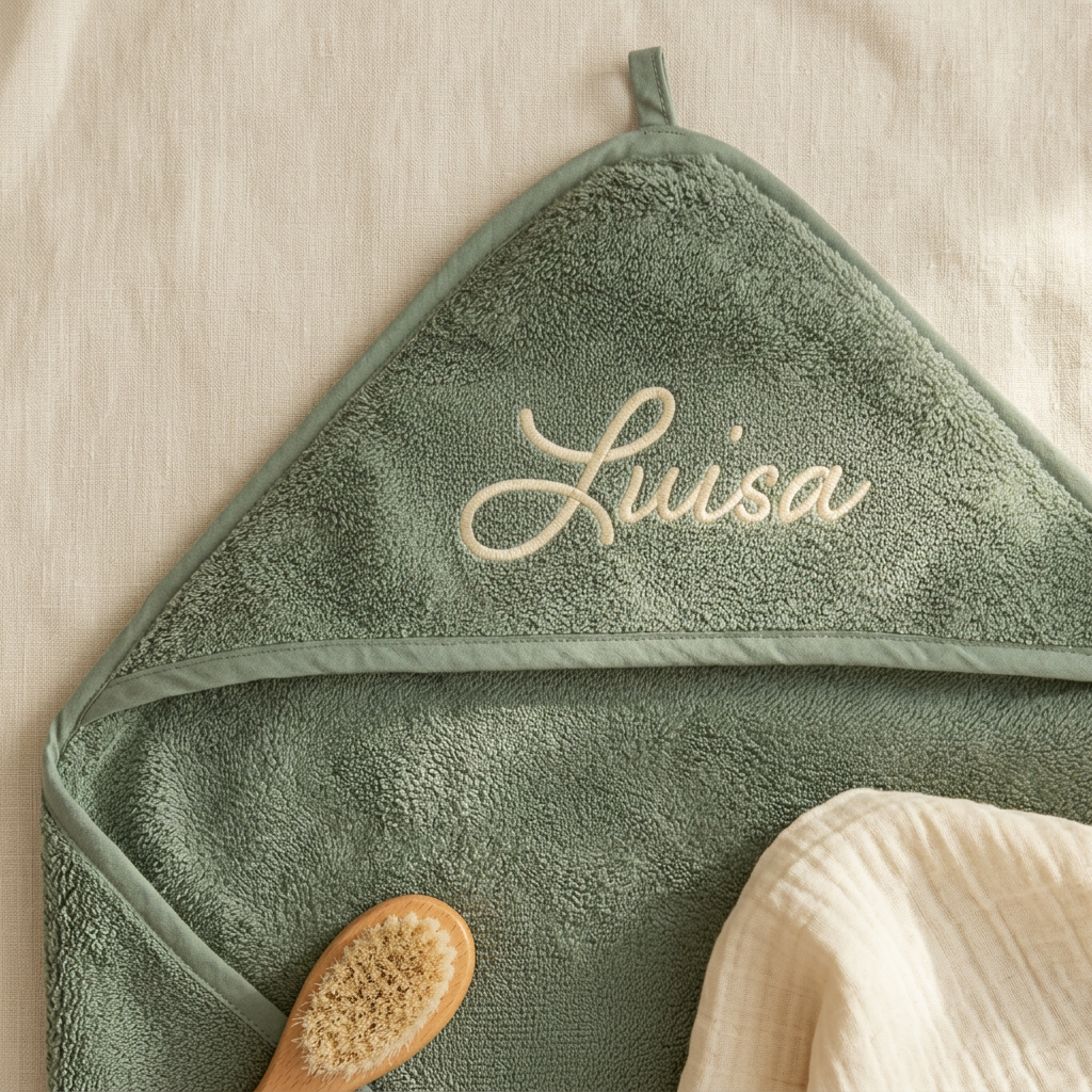 Lifestyle-Bild des salbeigrünen Kapuzenhandtuchs mit Luisa-Stickerei