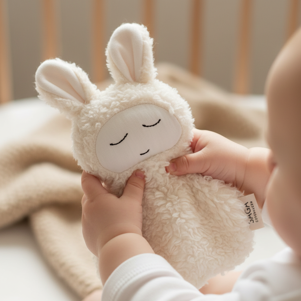 Schmusetuch Lara in Babyhänden – Kuscheltier aus Bio-Baumwolle, creme