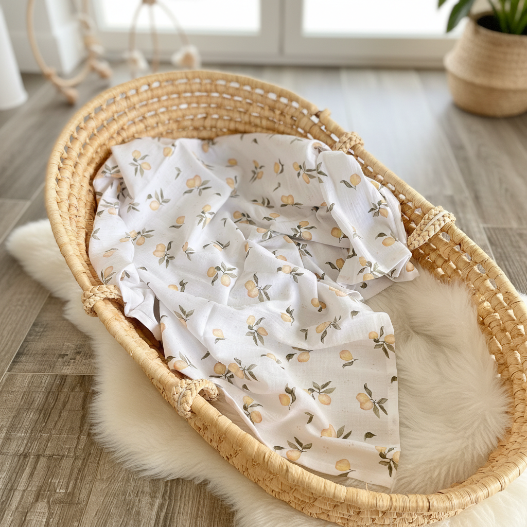 Musselin blanket in wicker basket
