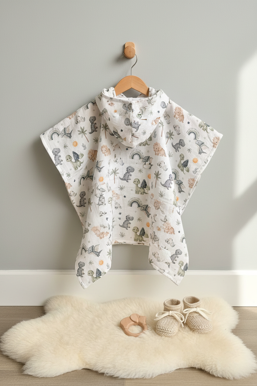 Musselin-Poncho Dino-Design – Haken im Nursery