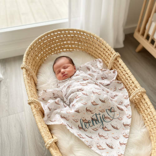 Musselintuch Otter – Baby Moses-Korb, Stickerei unten