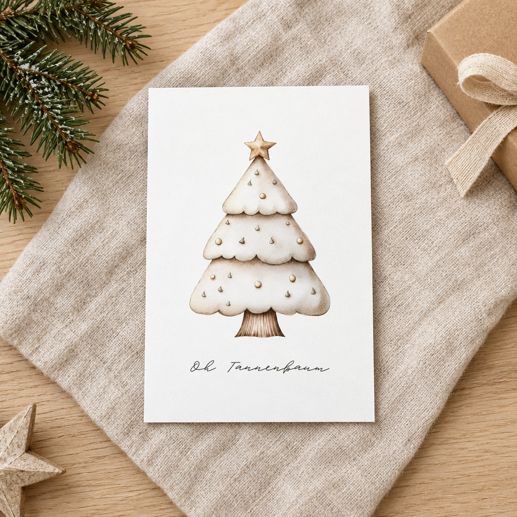 Weihnachtskarte „Oh Tannenbaum“ im weihnachtlichen Flatlay – A6-Karte für Weihnachtsgrüße