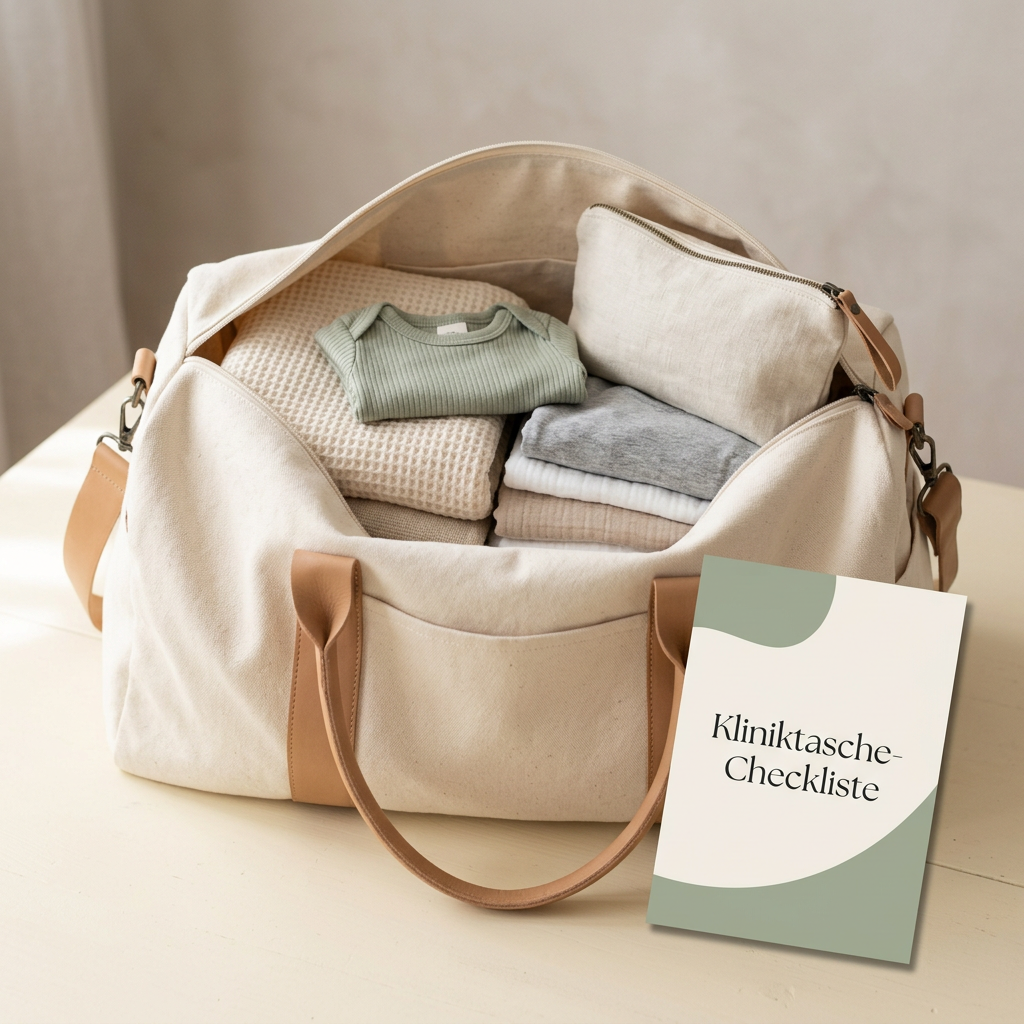 Kostenlose Kliniktasche-Checkliste als PDF zum Ausdrucken – Produktbild mit gepackter Kliniktasche