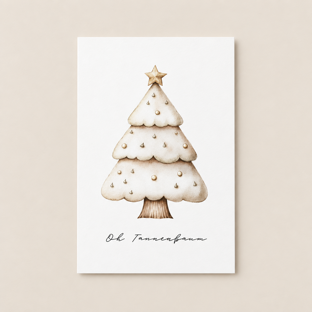 Weihnachtskarte „Oh Tannenbaum“ – illustrierte A6-Karte im Hochformat auf Naturpapier, anilino