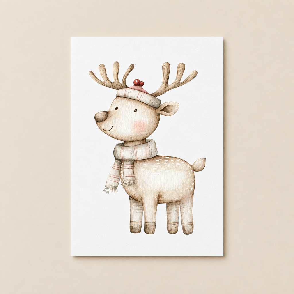 Weihnachtskarte „Rentier“ – illustrierte A6-Karte im Hochformat auf Naturpapier, anilino