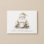 Weihnachtskarte „Santa mit Becher“ – illustrierte A6-Karte im Querformat auf Naturpapier, anilino
