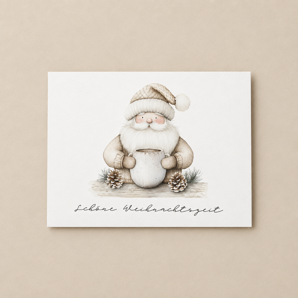 Weihnachtskarte „Santa mit Becher“ – illustrierte A6-Karte im Querformat auf Naturpapier, anilino