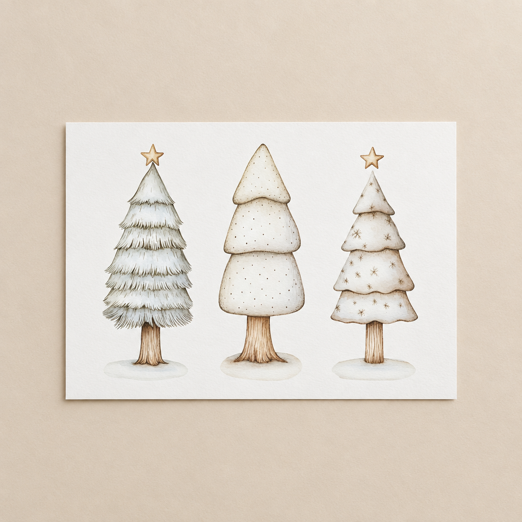 Weihnachtskarte „Tannenbäume“ – illustrierte A6-Karte im Querformat auf Naturpapier, anilino