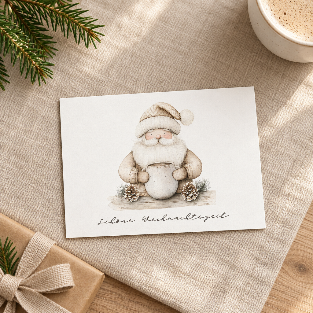 Weihnachtskarte „Santa mit Becher“ im weihnachtlichen Flatlay – A6-Karte für Weihnachtsgrüße