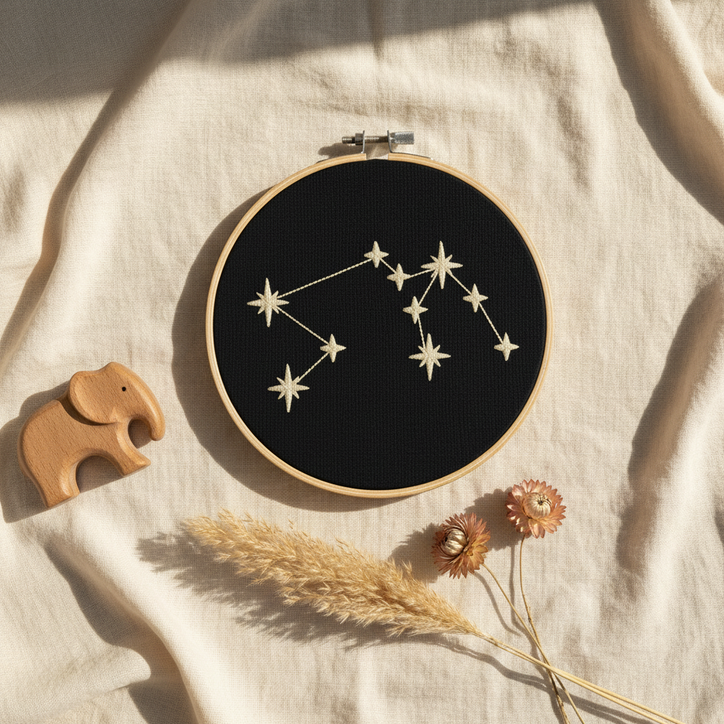 Stickrahmen Aquarius Flatlay mit Musselin