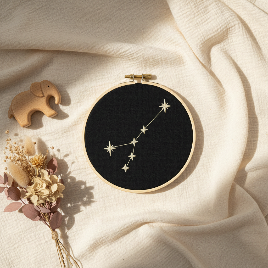 Stickrahmen Cancer Flatlay mit Musselin