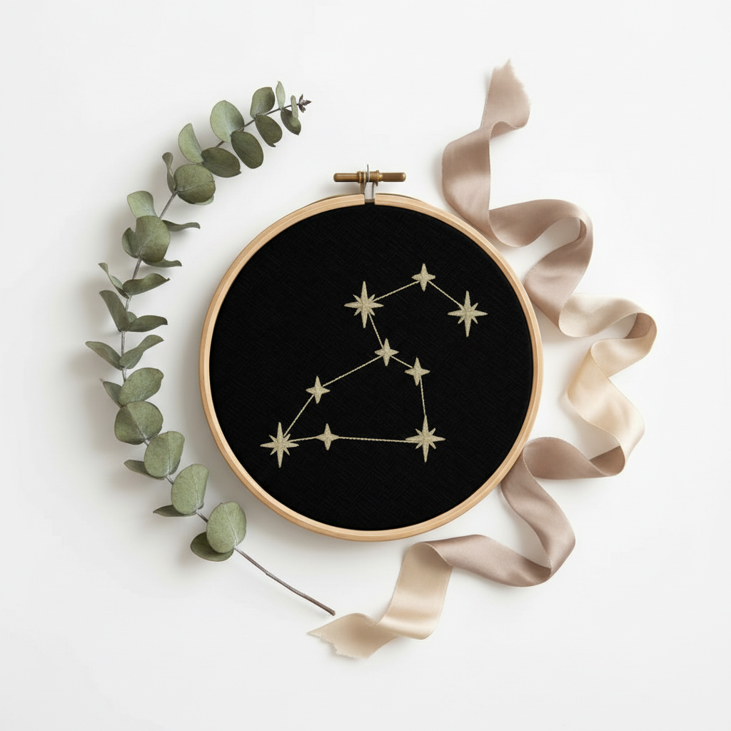 Stickrahmen Leo Flatlay mit Zweig und Band